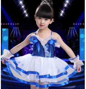 Royal blue red white sequined girls kids child modern dance t show school jazz dance stage performance princess party dance slip dresses outfits